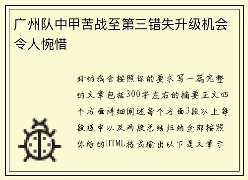 广州队中甲苦战至第三错失升级机会令人惋惜