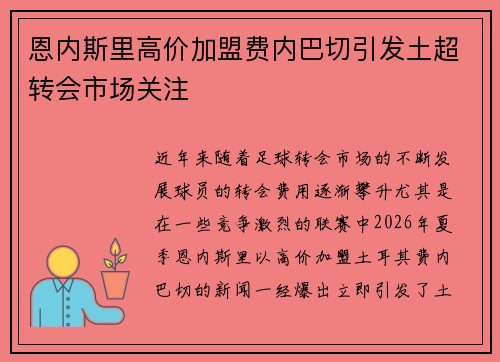 恩内斯里高价加盟费内巴切引发土超转会市场关注